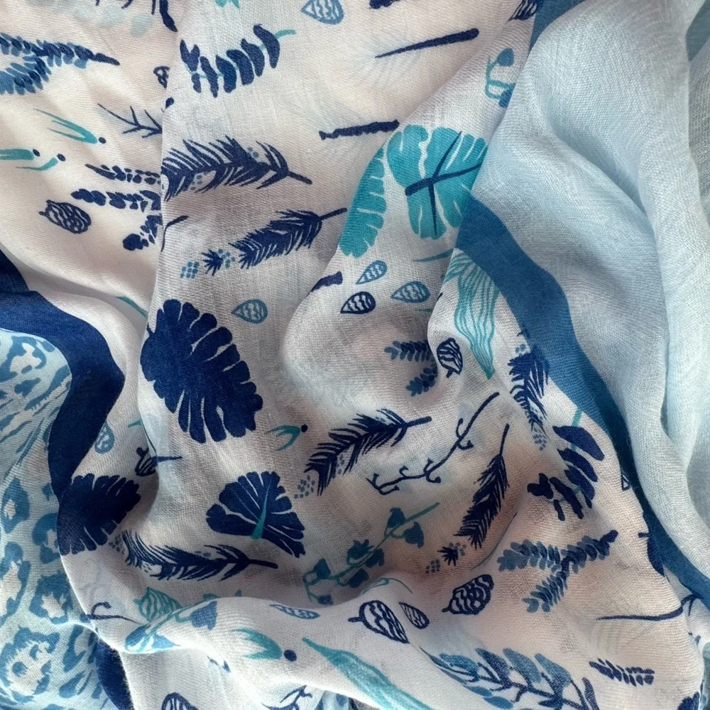 Hadley Wren Blue Botanical Floral Lightweight Boho Scarf Wrap